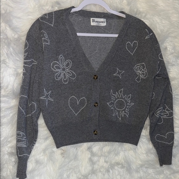 No Boundaries Sweaters - No Boundaries Charcoal Cardigan with White Patterns